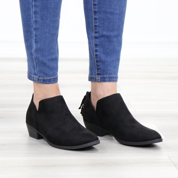 Black Vegan Suede Low Cut Ankle Booties - Picture 2 of 12